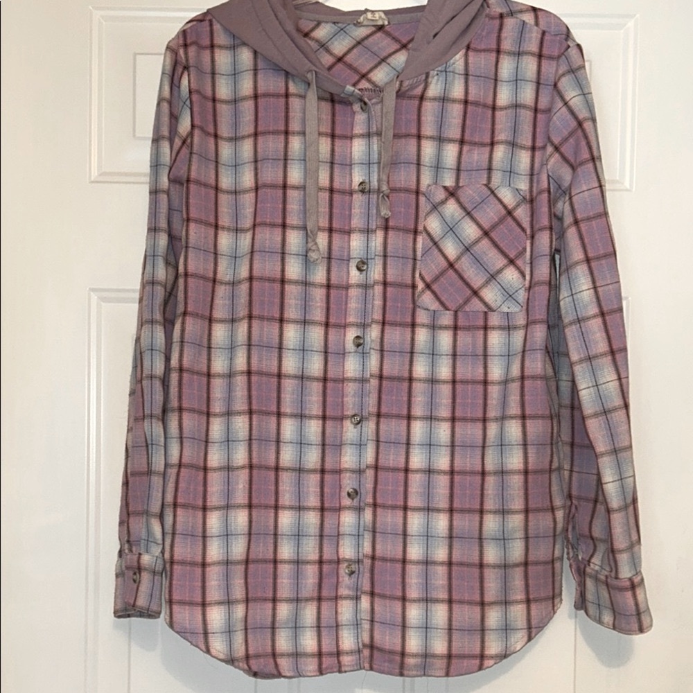 Hem & Thread Flannel Plaid Shirt M Lavender Pink Hood Lightweight Boho Cabincore